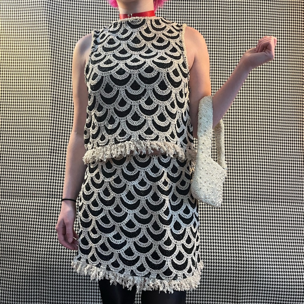 Mango Black and Cream Scalloped Skirt Set